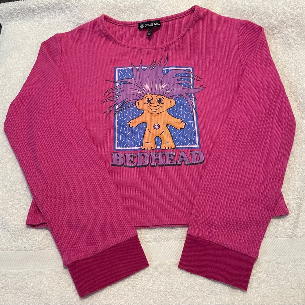 Y2K Dolls kill Pink long sleeve Troll Doll bedhead waffle knit crop top